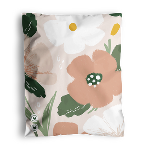 The Fall Sale "Pastel Petals Mailers" 10" x 13" by impack.co showcase a peach and white floral design with green leaves. Eco-friendly labels highlight the usage of biodegradable materials for transit protection.