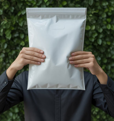 A person in a dark shirt holds up a large, plain white plastic package in front of their face, with a leafy green background behind them.