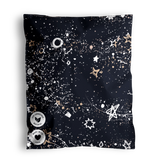 A recyclable Midnight Galaxy Mailers 10" x 13" with a celestial pattern including stars, planets, and various cosmic elements, labeled with "impack.co.