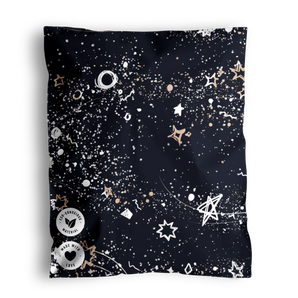 A recyclable Midnight Galaxy Mailers 10" x 13" with a celestial pattern including stars, planets, and various cosmic elements, labeled with "impack.co.