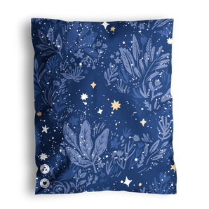 The "SALE - Midnight Indigo Mailers 10\" x 13\"" from impack.co provide stylish transit protection with a blue design featuring white floral and star patterns, and metal grommets on one side.
