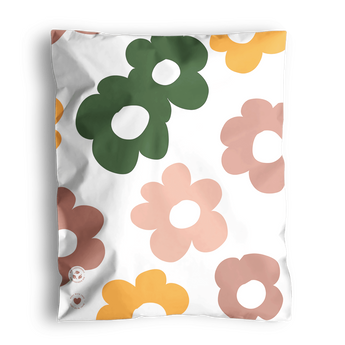 The SALE Daisy Multicolor Biodegradable Mailers from impack.co, measuring 10" x 13", feature a charming white fabric with large stylized flowers in green, yellow, and pink.