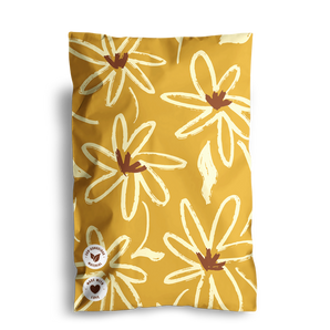 A yellow product featuring white and brown Golden Pencil Floral designs on a plain background, inspired by impack.co's SALE - Golden Pencil Floral Mailers 6" x 9".