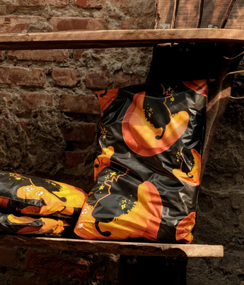 A large bag with a black and orange cat design rests on a wooden shelf against a stone and brick wall.