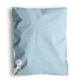 A digitally created image of a Starry Baby Blue Biodegradable Mailers 10" x 13" with white dots and text, against a black background. Brand Name: impack.co