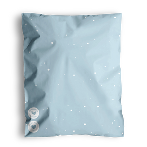 A digitally created image of a Starry Baby Blue Biodegradable Mailers 10" x 13" with white dots and text, against a black background. Brand Name: impack.co