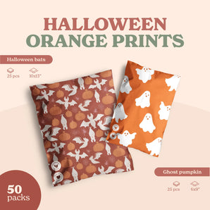 Fast Bundle’s SALE - Orange Halloween Prints 50 packs bundle includes festive 10x13" and 6x9" bags with bat, pumpkin, and ghost designs—perfect for Halloween packaging.