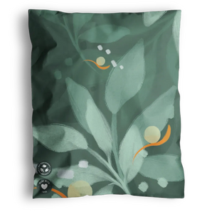 Impack.co's Boho Green Leaves Mailers Biodegradable 10" x 13" feature a leafy green pattern with orange curves, yellow circles, and white accents—ideal for eco-friendly gifting and pairing with boho-inspired packaging.