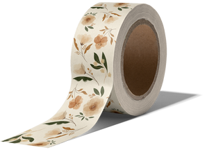 A roll of Camelia Bloom floral patterned, non-reinforced packing tape by impack.co, partially unrolled.