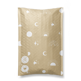 Illustration on impack.co Celestial Padded Paper Mailers 6" x 9" with celestial patterns including stars, moons, and suns, featuring a dripping black ink effect on the top right corner.