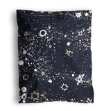 Experience the enchanting Midnight Galaxy Mailers by impack.co, measuring 14.5" x 19", these mailers feature a cosmic theme adorned with celestial designs of stars, planets, and swirling patterns in white and gold. Now on sale!