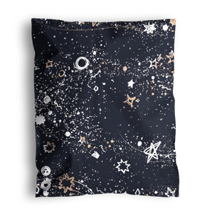 Experience the enchanting Midnight Galaxy Mailers by impack.co, measuring 14.5" x 19", these mailers feature a cosmic theme adorned with celestial designs of stars, planets, and swirling patterns in white and gold. Now on sale!
