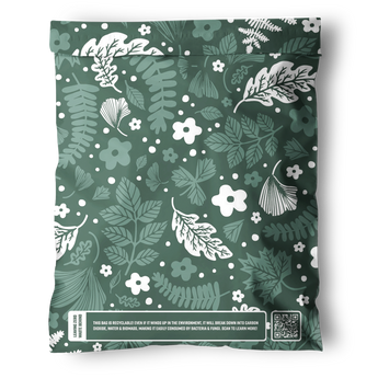 Impack.co’s Emerald Evergreen Biodegradable Mailers (10" x 13") feature a green bag with a white floral and leaf pattern and a recyclability message box—perfect for plastic-free packaging or compostable mailers.