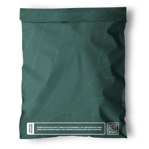 The impack.co Olive Leaf Biodegradable Mailers (10" x 13") come in a green, resealable bag with a subtle leaf pattern, recyclability notice, and QR code at the bottom right corner—ideal for sustainable protective shipping.