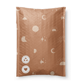 The SALE - Celestial Tan Biodegradable Bubble Mailers 8.5" x 12" CA by impack.co features moons, suns, stars, and smiley face designs. These eco-friendly mailers blend charm with sustainability for mindful shipping.