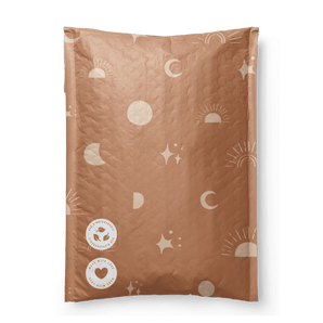 The SALE - Celestial Tan Biodegradable Bubble Mailers 8.5" x 12" CA by impack.co features moons, suns, stars, and smiley face designs. These eco-friendly mailers blend charm with sustainability for mindful shipping.
