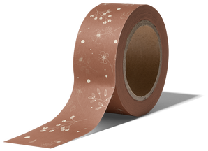 A roll of brown, water-activated Packing Tape - Floral Rosy Brown from impack.co with a white floral pattern.