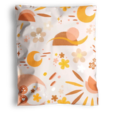 The impack.co Boho Sun & Moon Biodegradable Mailers (10" x 13") feature an abstract pattern of orange, yellow, and beige suns, moons, flowers, and geometric shapes—perfect for a stylish boho gift presentation.