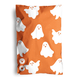 The Fast Bundle SALE - Orange Halloween prints bundle includes 50 packs of 10x13" and 6x9" bags featuring white cartoon ghosts on orange—perfect for party favors. Two small circular logos appear in the lower left corner.