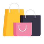 Illustration of three shopping bags in yellow, black, and pink, displayed side by side on a plain background.