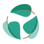 Abstract green and teal circular logo with three overlapping leaf-like shapes and a thin brown curved line on a light background.