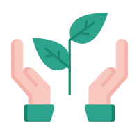 Illustration of two hands positioned on either side of a small plant with two green leaves, symbolizing growth or environmental care.
