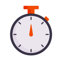 Illustration of a stopwatch with the hand pointing straight up at 12 o'clock, featuring a dark outer rim and orange button and hand.